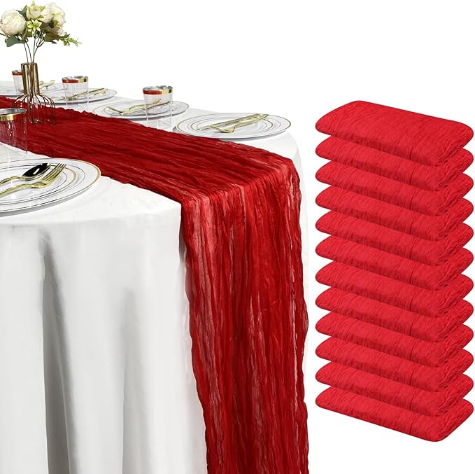12 Pack Red Cheesecloth Table Runner Set – 10FT x 12pcs Gauze Boho Table Runners for Wedding Party Bridal Shower Baby Shower Dinner Holiday Rustic Decorations