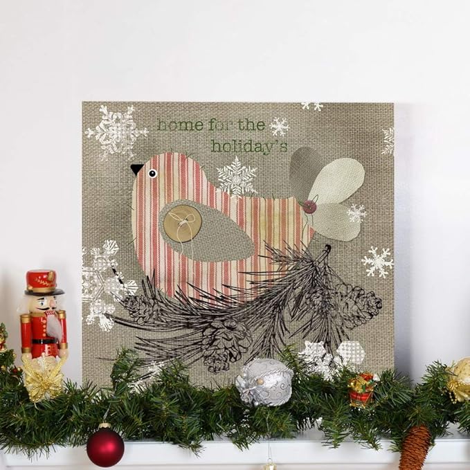 Renditions Gallery Home for the Holidays Bird Wall Art, Cute Christmas & Winter Decor, Pine Cones & Snowflakes, Premium Gallery Wrapped Canvas, Ready to Hang, 24 in H x 24 in W, Made in America