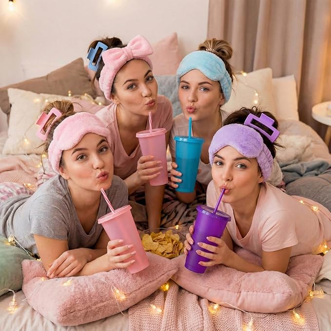 30 Pcs Spa Party Favors for Women Sleepover Party Supplies 6 Bow Headband 6 Eye Mask 6 Hair Clip 6 Cosmetic Bag 6 Glitter Plastic Cup for Adult Spa Birthday Bachelorette Gift(Multicolor)