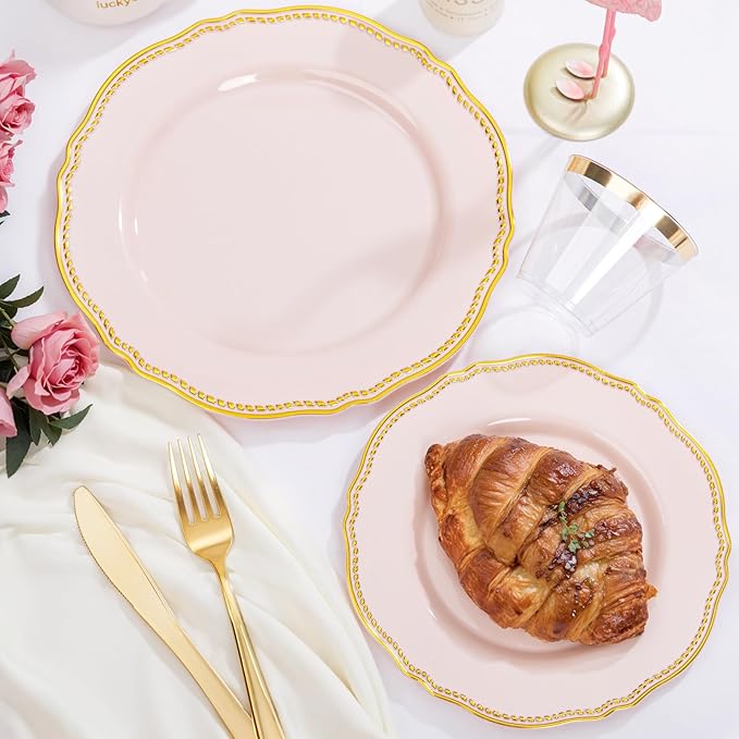 Hioasis 175pcs Pink and Gold Plastic Plates - Pink Plastic Dinnerware Set Includes 25 Dinner Plates, 25 Dessert Dinnerware, 25 Cups, 25 Napkins Perfect for Wedding & Party