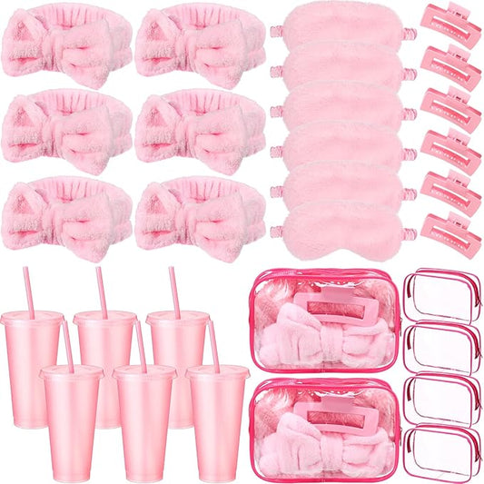 30 Pcs Spa Party Favors for Women Sleepover Party Supplies 6 Bow Headband 6 Eye Mask 6 Hair Clip 6 Cosmetic Bag 6 Glitter Plastic Cup for Adult Spa Birthday Bachelorette Gift(Pink)