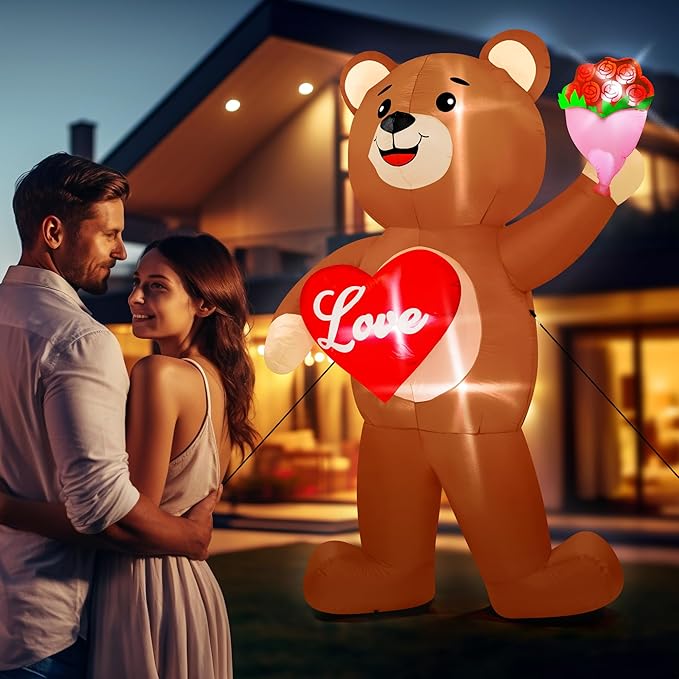 8 FT Valentines Day Inflatables Outdoor, Blow Up Bear Holding Love Heart and and Flowers, Romantic LED Lighted Valentine's Day Inflatables Decorations for Anniversary Wedding Proposal Party Lawn