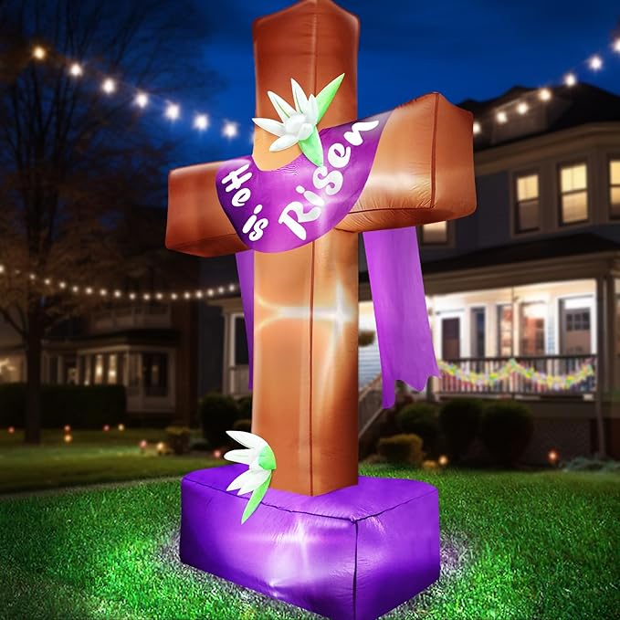 8 Ft Easter Inflatable Cross Outdoor Decoration, Blow Up He is Risen Yard Decorations with Built-in LED Lights Easter Party Decor Yard Garden Lawn Indoor Outdoor Home