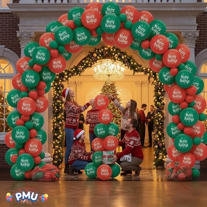 PMU 50 Pcs Christmas 17 Inch Latex Balloons – Red & Green Assorted “Happy Holidays” Party Balloons for Xmas Decorations, Holiday Events, Indoor Outdoor Christmas Party Supplies