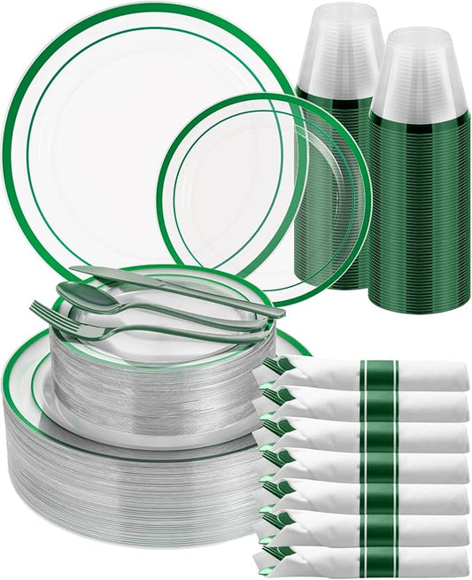 Goodluck 350 Piece Green Plastic Plates, Clear Plastic Silverware Disposable Plates Set, Include 100Plates, 50Pack Pre Rolled Napkins with Silverware, 50Cups for Party, Christmas, Graduation, Wedding