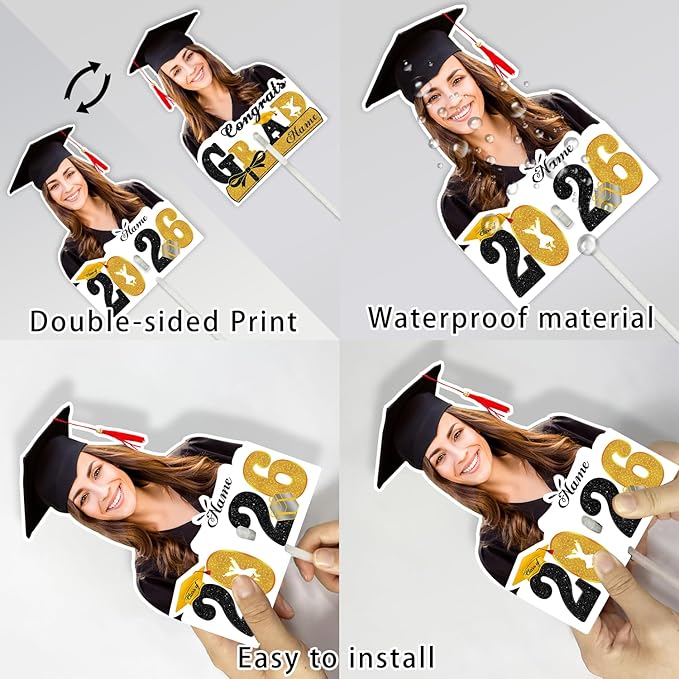 Personalized Graduation Face Fan 2026 Grade Custom Double Sided Face Cutout Fan with Handle Photo Booth Prop Party Supplies(B-Gold and Black,24pcs)