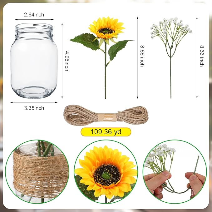 85 Pcs/ 12 Set Sunflower Mason Jar Table Centerpiece Mason Jar Vases Faux Floral with Rope Boho Rustic Flower Table Decoration for Reception Engagement Party Bridal Shower Wedding