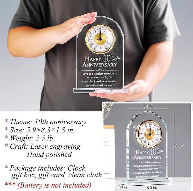 YWHL 10 Year Anniversary Clock Gifts for Her, 10th Wedding Anniversary Glass Keepsake Gift for Couple (Battery not Included