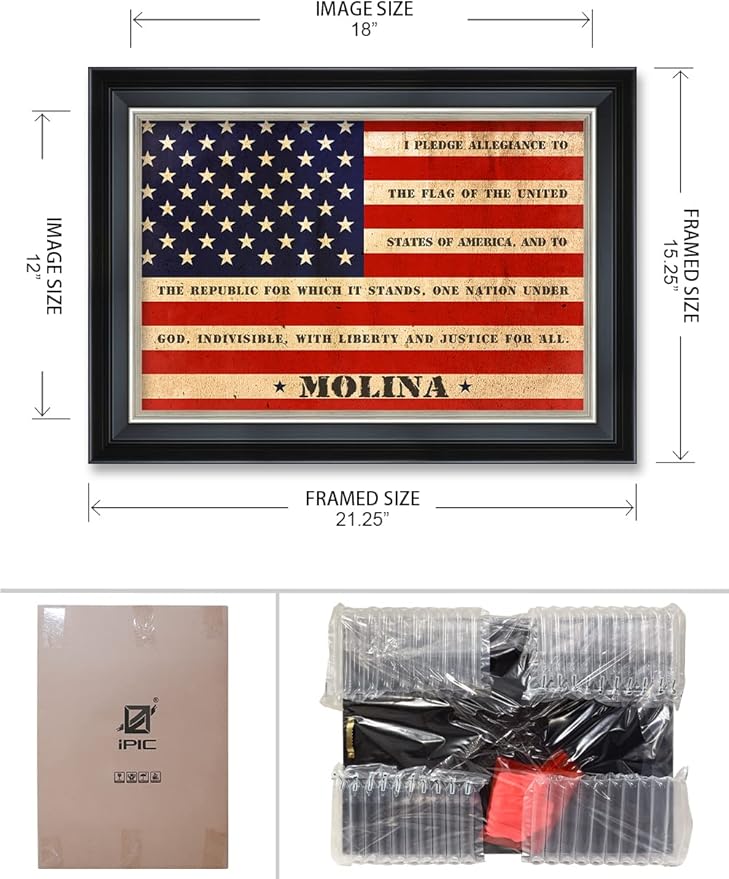 IPIC - American Flag Personalized Framed Wall Art with Names and Date on, Giclee Prints with Solid Wood Frame, Customized Gift and Memorial Gifts for Wedding Anniversary.