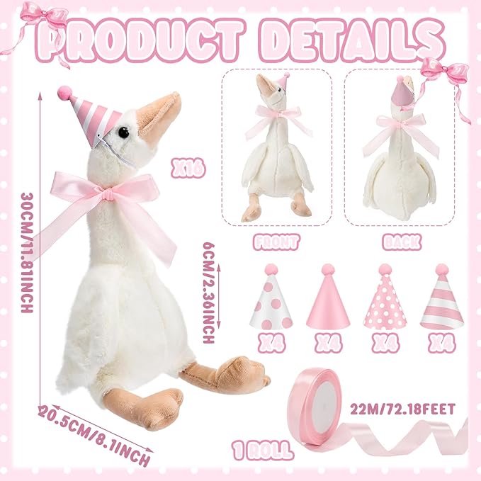 Silly Goose Party Supplies Plush Animal and Mini Birthday Party Hats with Ribbon Bow for Christmas Birthday Gift