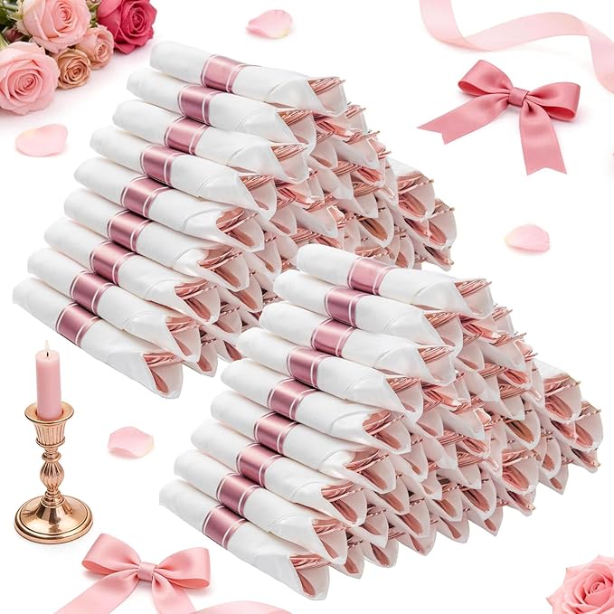 Goodluck 100 Pack Pre Rolled Rose Gold Plastic Silverware, Wrapped Cutlery Set with Napkin Include 100 Forks, 100 Knives, 100 Spoons and 100 Napkins, Fancy Disposable Silverware for Party, Wedding
