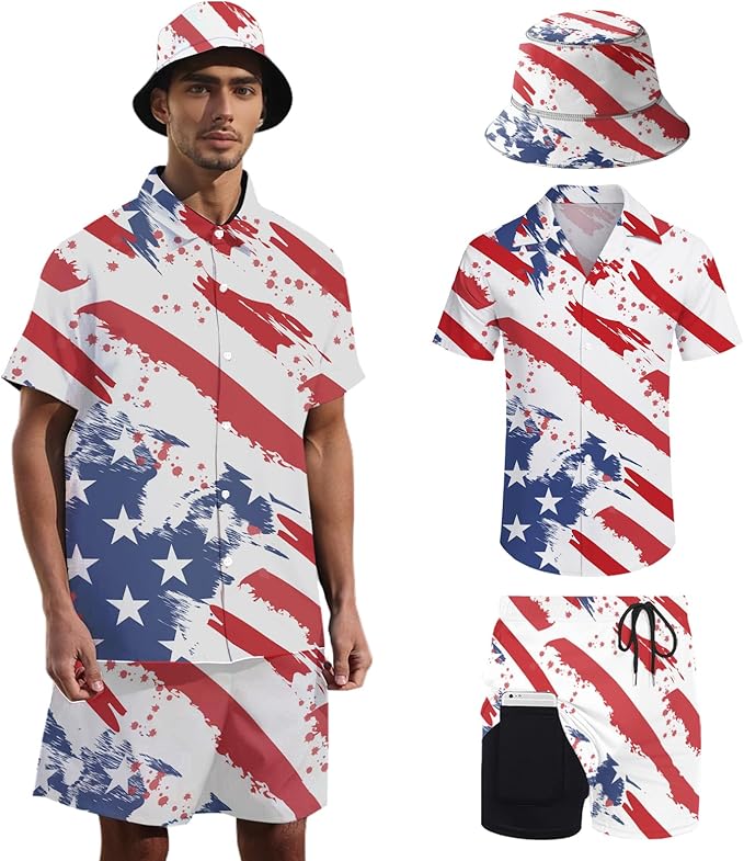 Men's Hawaiian Shirt and Shorts Set 2 Piece Beach Outfits with Bucket Hats for Beach Days and Summer Vibes