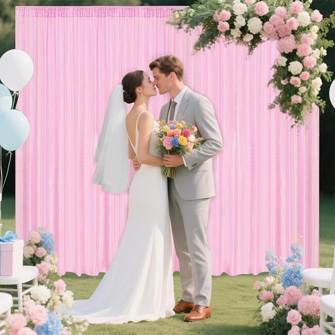 Matte Pink Sequin Backdrop Curtain 4 Pieces 2FTx8FT Glitter Photography Backdrop for Party Wedding Birthday Christmas Decorations