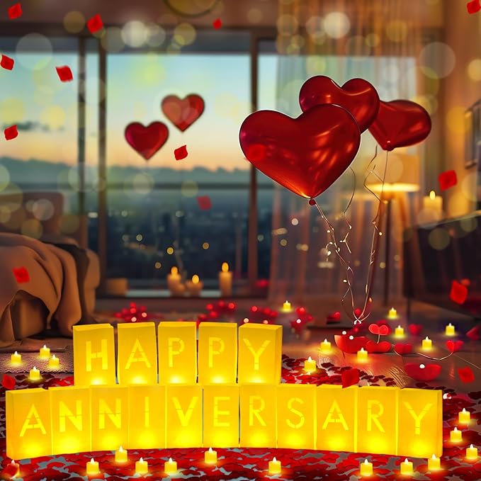 6088 Pcs Happy Anniversary Light up Letters with LED Flameless Tealight Candle Red Rose Petal Letter Luminary Paper Bag for Valentine's Day Decorations Proposal Romantic Special Night Decor