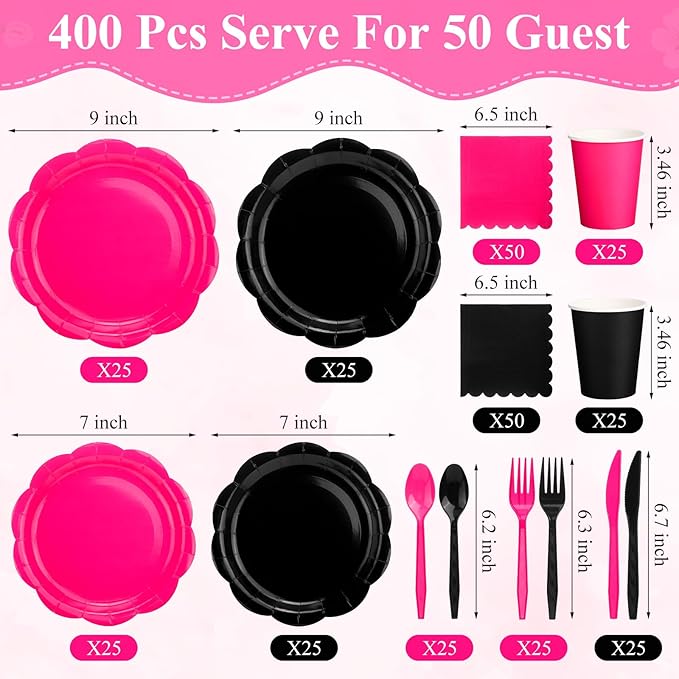 Pickmesh 400 Pcs Hot Pink and Black Birthday Party Supplies Include Hot Pink Disposable Paper Plates Napkins Cups Cutlery for Women Black Bridal Shower Bachelorette Party Decorations Serve 50