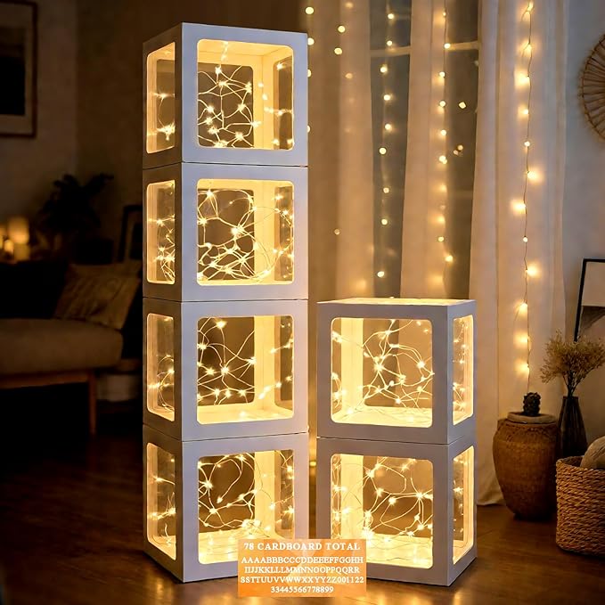 Ledido Transparent Balloon Boxes, Clear Balloon Boxes with 6 Pcs String Lights and 78 Letters for Baby Shower Gender Reveal 2026 New Year Grad Party Birthday Anniversary Bridal Decor - 6 White Boxes