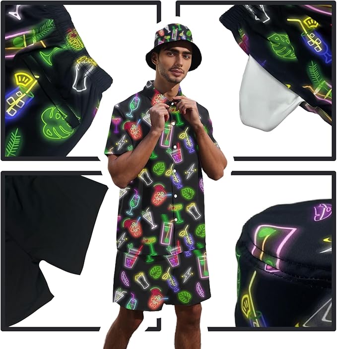 Men's Hawaiian Shirt and Shorts Set 2 Piece Beach Outfits with Bucket Hats for Beach Days and Summer Vibes