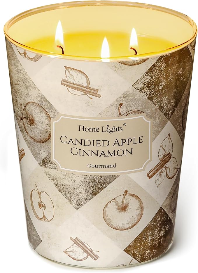 HomeLights Scented Candles | Large Jar 34 Oz Natural Soy Candle | 130 hrs Long-Lasting with 3 Wicks | Rustic Modern Home Decor | Gifts for Mom & Women, Candied Apple Cinnamon