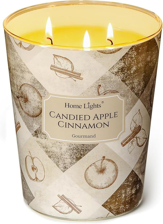 HomeLights Scented Candles | Large Jar 34 Oz Natural Soy Candle | 130 hrs Long-Lasting with 3 Wicks | Rustic Modern Home Decor | Gifts for Mom & Women, Candied Apple Cinnamon