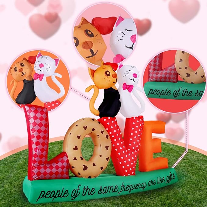 7.2Ft Valentines Inflatables Outdoor Decorations Love Letters Cuddling Cats, LED Blow Up Yard Garden Decor for Wedding Proposal Anniversary, Waterproof Lawn Display with 6 Stakes