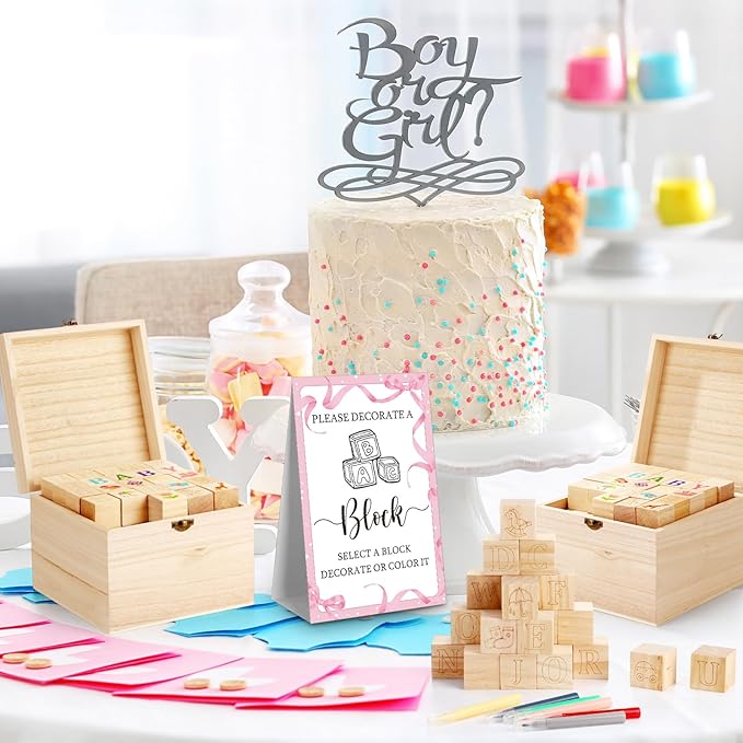 Marsui 136 Pcs Baby Shower Blocks to Decorate Game Kit Includes 98 Wooden Blocks, 36 Markers, 1 Game Sign, 1 Storage Box for Baby Shower Gender Reveal Activity Party Decorations(Pink Bow)