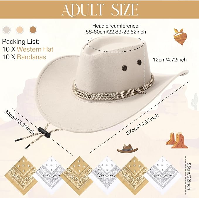 Coume 10 Set Cowboy Hat and Bandana for Women Men 10 Felt Cowgirl Cowboy Hat Bulk 10 Western Bandanas for Adult Costume Party