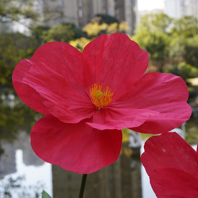 Large Paper Artificial Flowers,Giant Flowers for Decoration,Huge Handcrafted Poppy Fake Flowers with Stand for Home Decor Bridal Shower Party Outdoors Yard Event Backdrop Decor (red)
