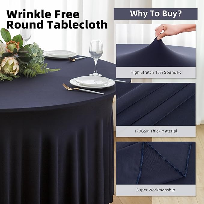 4 Pack Navy Blue Round Spandex Tablecloth 60 Inch, Wrinkle Free Stretch 120 Inch Fitted 5ft Navy Table Cloths Round Table Covers with Ruffle Skirt for Graduation Party Wedding Banquet