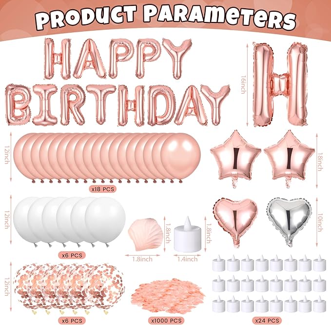 Pink Birthday Balloons Decorations Rose Gold Birthday Balloon Letters Banner with 6 Pcs Star Balloons Pink Artificial Rose Petals 24 Flameless LED Candles for Room Bday Party Decorations Supplies