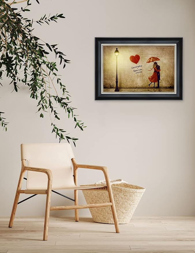 IPIC - Our First Kiss Personalized Framed Wall Art with Names and Date on, Giclee Prints with Solid Wood Frame, Customized Gift and Memorial Gifts for Wedding Anniversary.