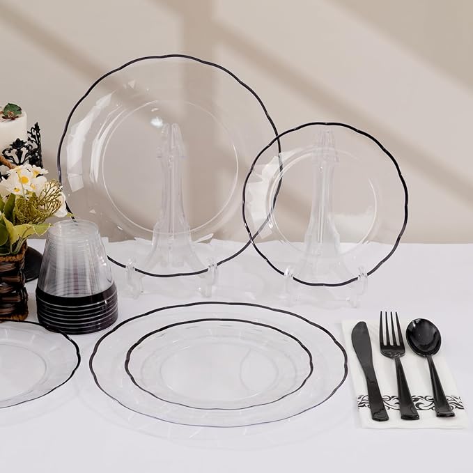LIYH 700 Pcs Clear Black Plastic Dinnerware Set for 100 Guests, Disposable Plastic Wavy Black Plates for Party Include Dinner & Dessert Plates, Napkins, Cups, Cutlery for New Years Day