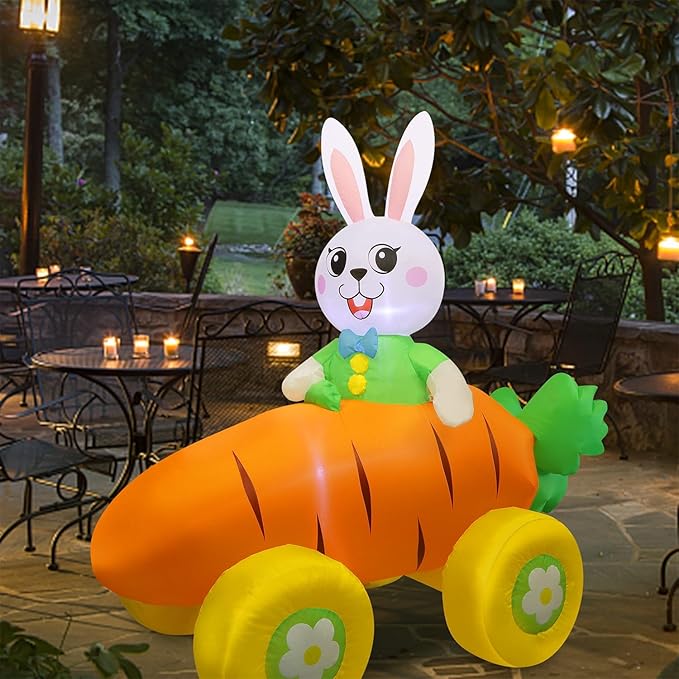 Juegoal Easter Bunny Radish Car Inflatables Yard Decorations, 5 x 4.5 FT Lighted Blow Cute Rabbit on Carrot Car with LED Lights, Indoor Outdoor Easter Holiday Party Decor, Light Up for Lawn Garden