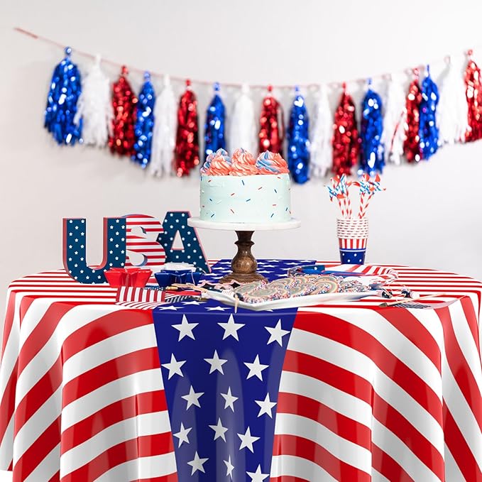 Oudain 12 Pcs Veteran Day Tablecloth 84 Inch Plastic American Flag Tablecloths Disposable 4th of July Table Cover for Veterans Memorial Independence Day Patriotic Party Supplies (Stripe)