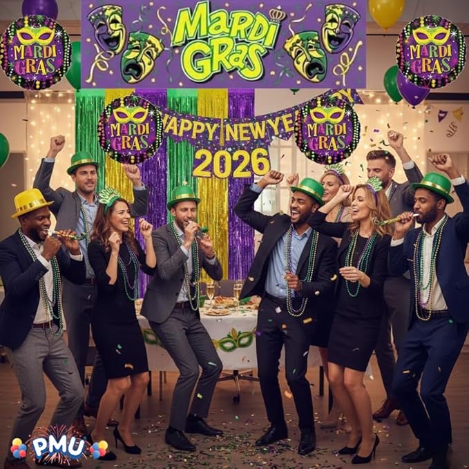 PMU 308 Pc New Year's Eve Party Supplies New Year Decorations Supplies, 2026 Mardi Gras Party Kit Assortment for 100 Persons - (Yellow, Purple and Green) for,Men and Women (100/psn)