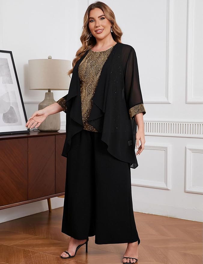 ZOMVA Plus Size 3 Piece Formal Pantsuit Sparkly Chiffon Jacket Set Dressy Outfit Mother of The Bride Groom Wedding Cocktail