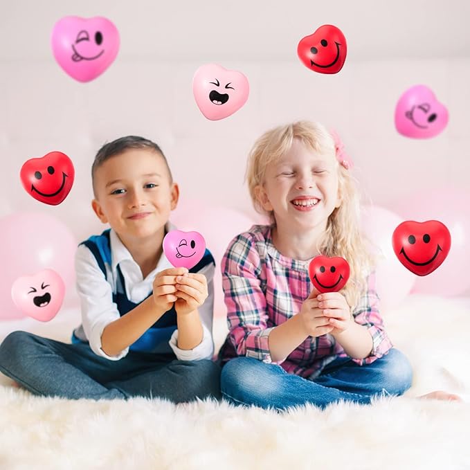 BBTO 150 Pcs Valentine's Day Stress Relief Balls 3 Styles Heart Smile Face Foam Balls Stress Relief Toys Party Favors for Teens Adults Student School Prizes Gift Bag Fillers (Red and Pink)