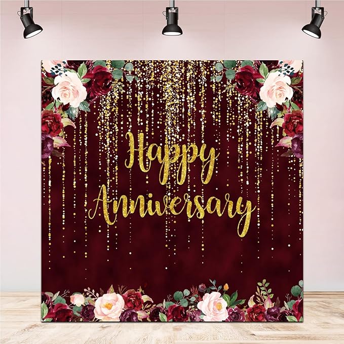 8x8ft Happy Anniversary Backdrop, Gold Glitter Burgundy Wedding Anniversary Photography Background 1st 40th 50th 65th Couple Wedding Women Birthday Floral Party Decorations Cake Table Decor
