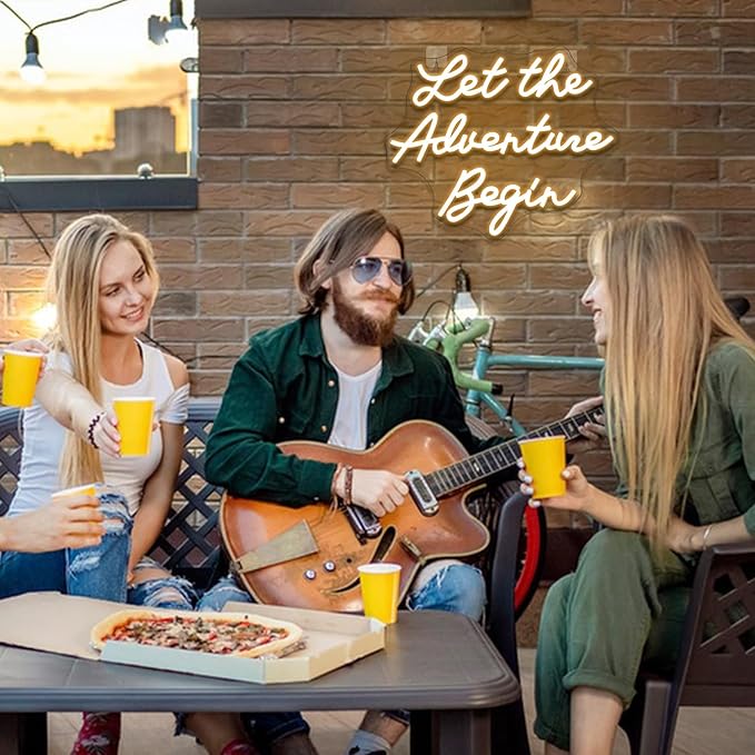 NOSUN Let The Adventure Begin Neon Sign Warm White Neon Signs for Wall Decor Dimmable Let's Party Led Sign Funny Neon Lights for Bedroom Home Club Bar Wedding Engagement Birthday Party Decor