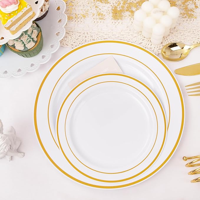 I00000 300 Pcs Gold Plastic Plates with Silverware, White and Gold Plastic Dinnerware Set for Party include: 60Dinner Plate 10.25", 60Dessert Plate 7.5", 60 Silverware Sets for Wedding & Party