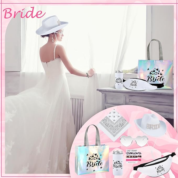 49 Pcs Cowgirl Bachelorette Party Favors Set Bachelorette Cowgirl Hats Bridesmaid Fanny Pack Can Sleeves Hair Ties Paisley Bandanas Heart Glasses Tote Bags for Bridal Shower