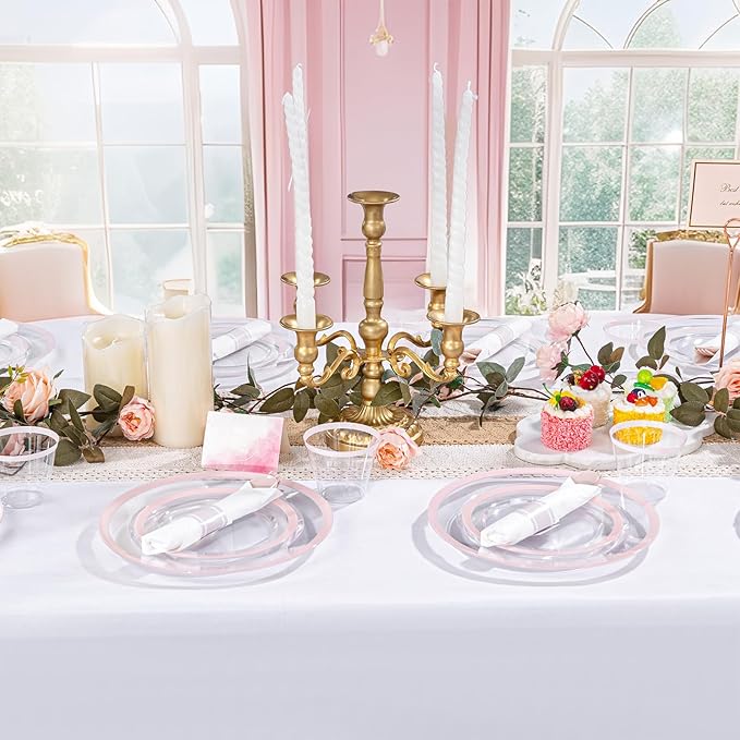 I00000 350 Pcs Clear Pink Plates for 50 Guests, Pink Dinnerware Include 100 Plates, 50 Cups, 50 Pre Rolled Napkins with Cutlery Set for Party and Wedding