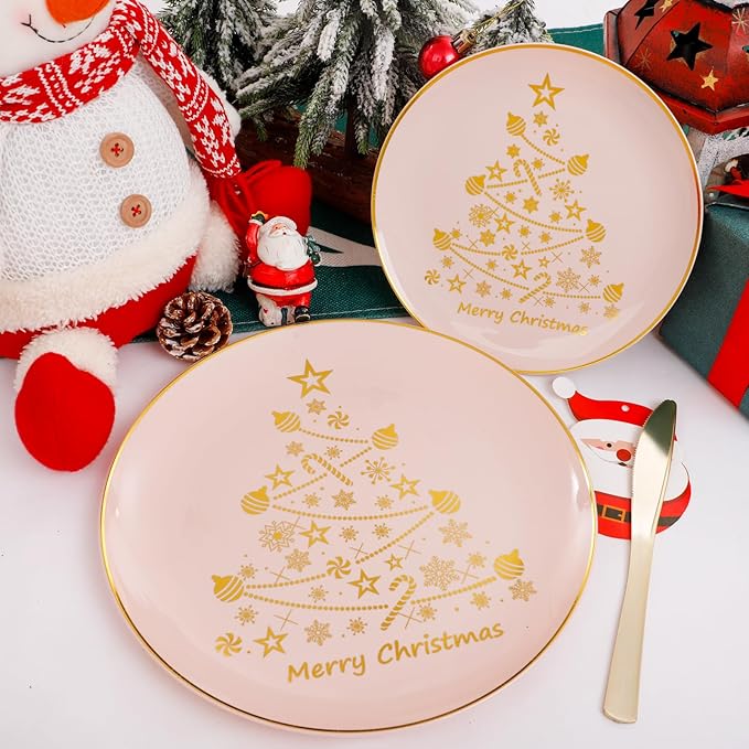 LIYH 150 Pcs Christmas Dinnerware Set Disposable - Pink and Gold Plastic Christmas Plates - Gold Tree Design, Plastic Silverware,Cups for 25 Guests for Xmas Day