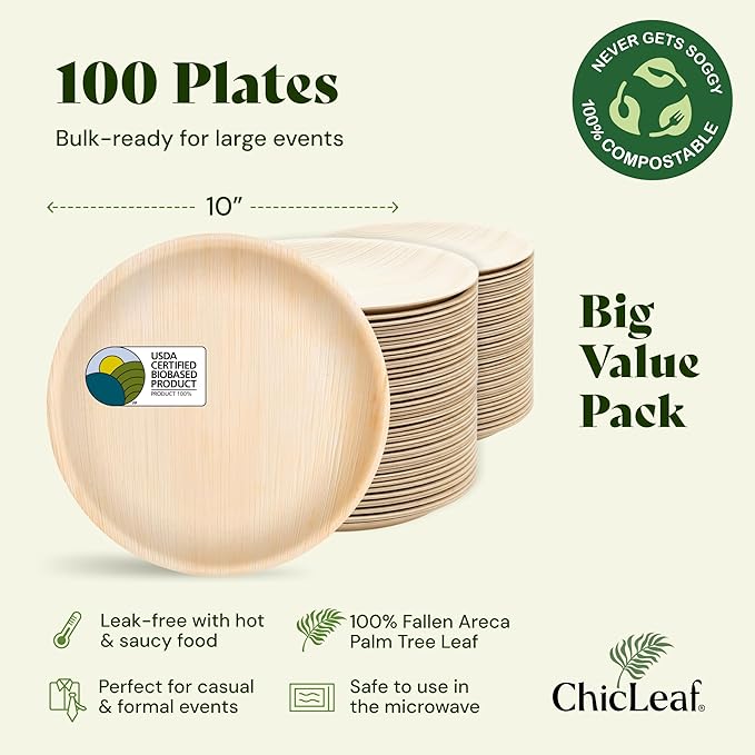 Chic Leaf Round Palm Leaf Plates - 10", Pack of 100 - Durable Party Pack - Cristmas Dinner Eco Friendly Party Supply & Wedding Plates - For Charcuterie Board Accessories, Romantic Dinner for 2