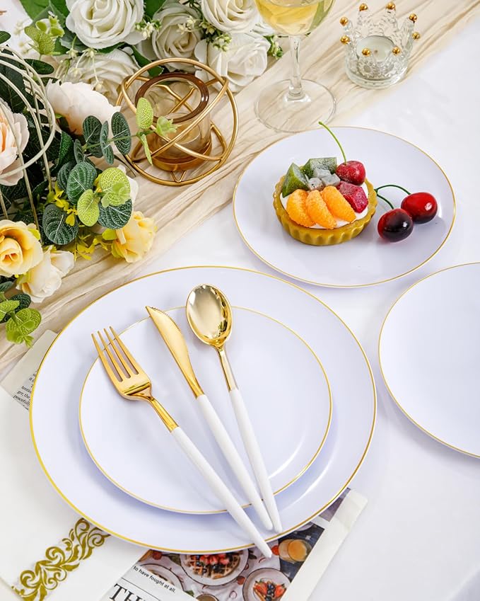 Supernal 350pcs Gold Plastic Dinnerware Set for 50 Guests,Fancy Disposable Plates for Party,Gold Plastic Silverware with White Handle,Disposable White Plates Wedding,Birthday