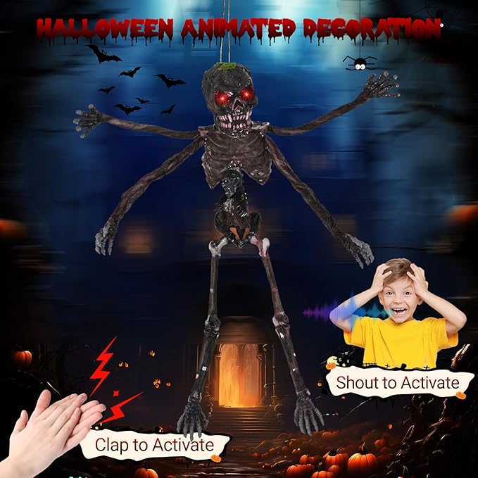 BECOMFORT 6 FT Hanging Animatronic Halloween Decoration, Sound-Activated Hanging Zombie with Shaking Body, Glowing Eyes, Creepy Sounds & Posable Arms, Animated Halloween Props for Indoor & Outdoor