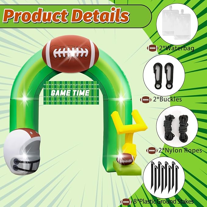 Eyourlife 9FT Football Party Decorations for Game Day Blow Up with Helmet Built in LED Lights Goal Post for Yard Giant Balloon Photo Prop for Gift Light Green Football Inflatable Arch