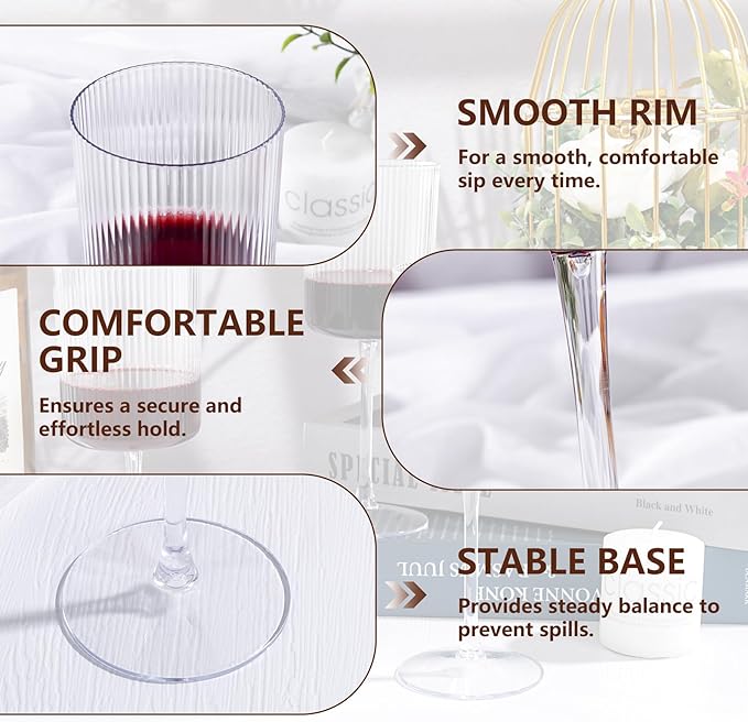 YOUBET 24 Pack Plastic Ribbed Wine Glasses - 10 OZ Clear Square Wine Glasses with Stem - Heavy Duty Vintage Disposable Champagne Cups for Wedding Parties