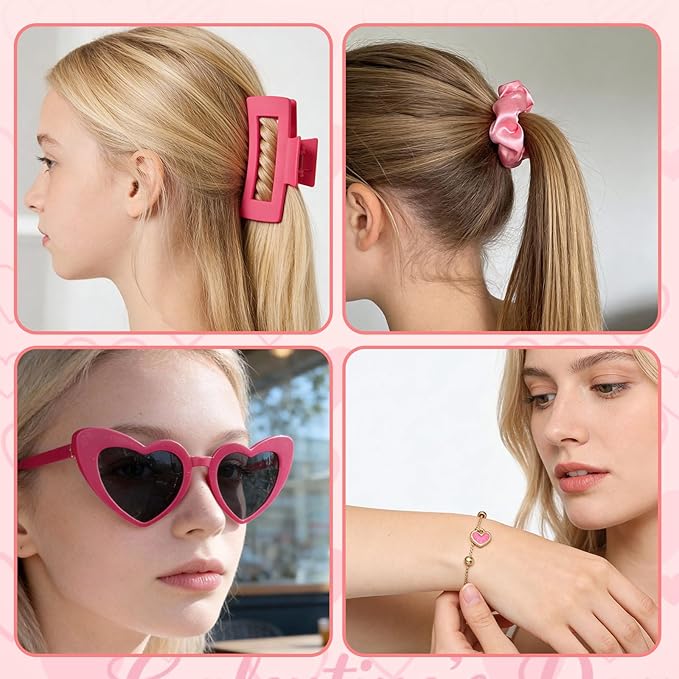 Zeyune 42 Pcs Galentine's Day Gifts Set Valentine's Pink Gift 6 Sets Include PVC Makeup Bags Glasses Mirror Hair Claw Clips Scrunchies Bracelets Greeting Cards for Women Friends Party Favors