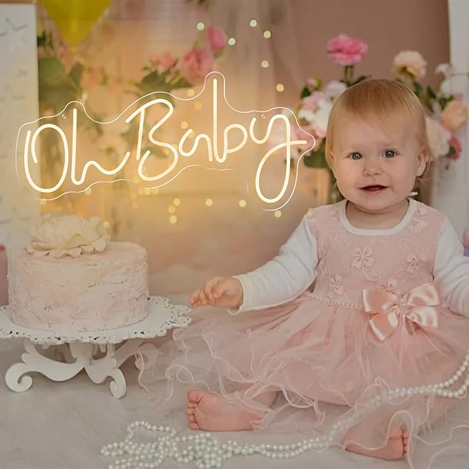 HMT Oh Baby Neon Sign for Backdrop Wall Decor Large Size 19.6×8.6 Inch LED Neon Lights for Baby Shower Decorations Boy and Girl Room Decor LED Light Up Sign for Party Decorations Photo Prop USB (Warm White)