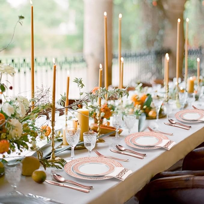 350PCS Rose Gold Plastic Dinnerware Set for 50 Guests, Disposable Plates for Party, Wedding, Include 50 Rose Gold Dinner Plates, 50 Dessert Plates, 50 Set Silverware, 50 Cups, 50 Napkins
